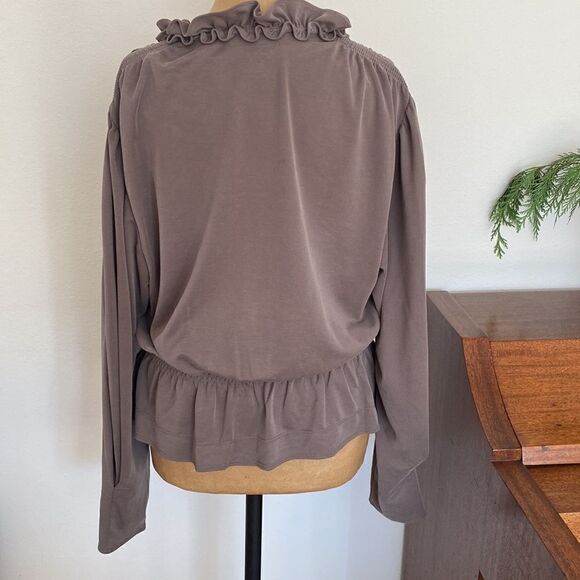 Rebecca Taylor taupe light brown long sleeve ruched vneck blouse tie ruffles EUC - Picture 3 of 11
